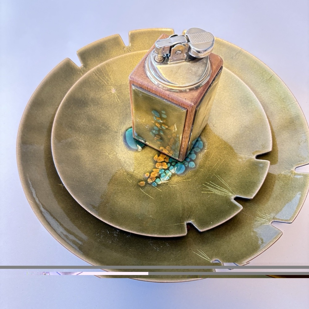 Vintage 1960s Bovano Of Cheshire Enamel Copper MCM 3 Piece Ashtray Set Lighter